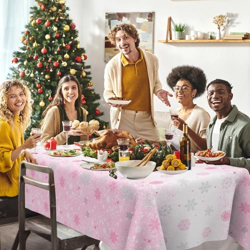 Pink Snowflake Plastic Tablecloth 54x108 Inch Winter Wonderland Party Decor - 2 Pack