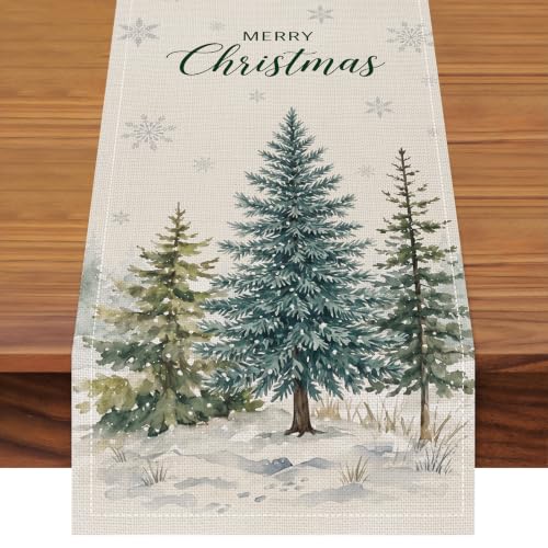 Pedenty 72 x 13 Inch Christmas Table Runner – Watercolor Snowy Pine Tree Design