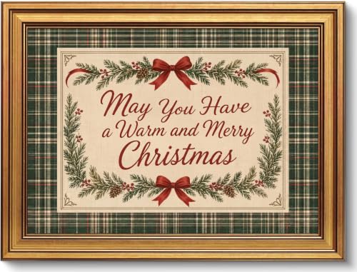 Gold Framed Christmas Wall Art Plaid Quote Canvas Print 12 x 16 in – May You Have a Warm and Merry Christmas (Plaid Quote / 16" L x 12" W)