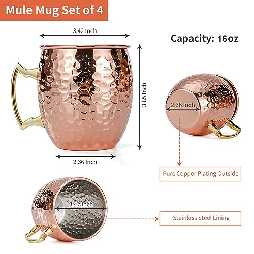 Hammered Copper Moscow Mule Mugs - 16oz Stainless Steel Set of 4