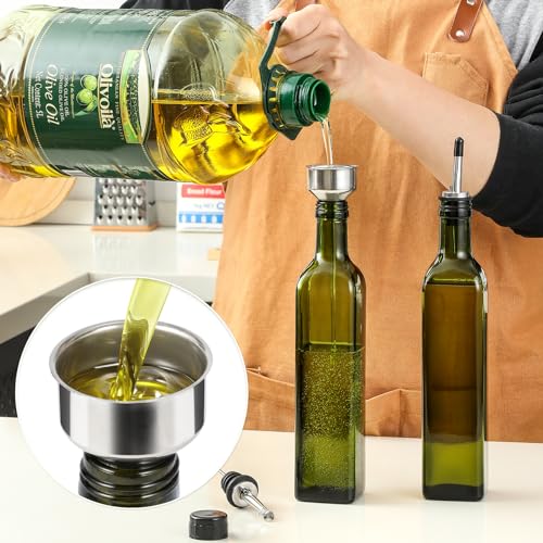 Glass Olive Oil Dispenser Bottle Set - 17oz Green Glass Cruet with Pourers