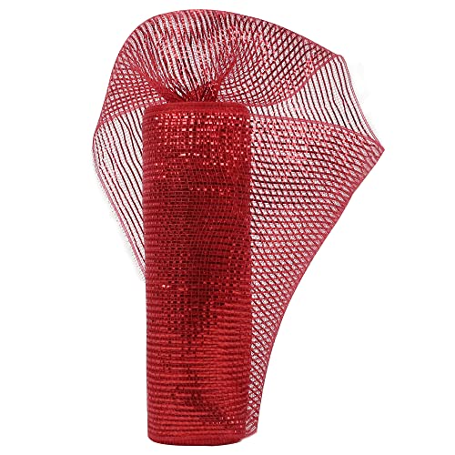 MEEDEE Red Mesh Ribbon 10 Inch Wide, 30 Feet Metallic Deco Mesh Roll for Christmas & Crafts - Red / 10 Inch