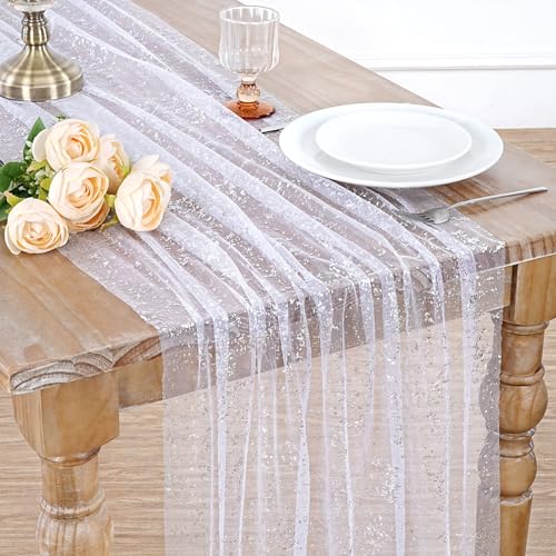 White Silver Metallic Foil Sequin Table Runner Set of 6 - 28x120 inches