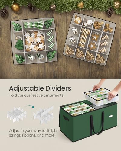 SONGMICS Christmas Ornament Storage Boxes Set of 2 with Forest Green Finish, 256 Slots & Adjustable Dividers