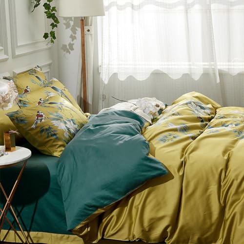 Floral & Birds Cotton Duvet Cover Set - Reversible Peacock Blue, Queen