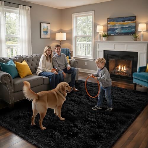 Black 2x4 Fluffy Shag Area Rug - Ultra Soft Non-Slip Bedroom & Living Room Carpet