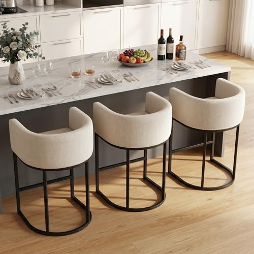 Set of 3 Counter Height Bar Stools, 24-Inch Upholstered Linen Bar Chairs