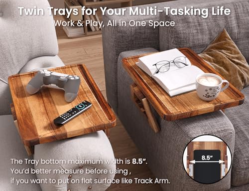 2 Pack Acacia Wood Sofa Arm Tray, Folding Clip-On Couch Table for Drinks