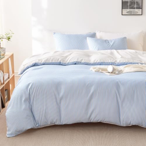 Blue and White Striped Comforter Set Full Size - 3 Piece Farmhouse Bedding