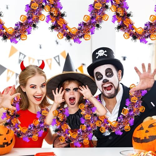 50FT Halloween Metallic Tinsel Garland with Pumpkin Spider Bat Ornaments