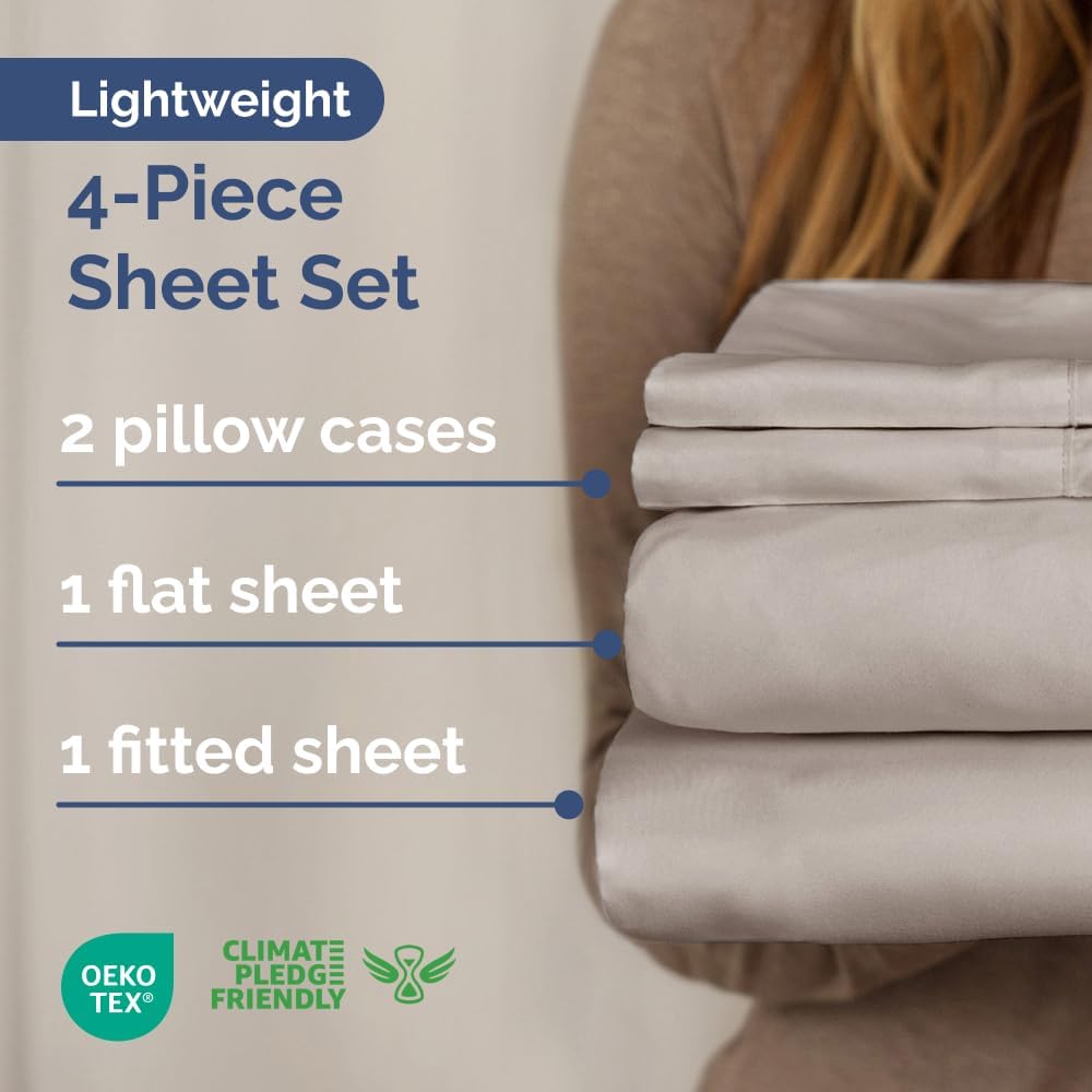 Skiennix Lightweight Queen Bed Sheet Set - Cooling & Breathable Bedding with Deep Pockets - Light Grey