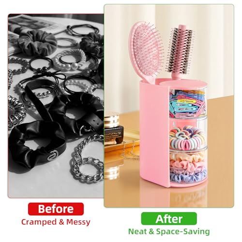 Neotidy Pink Rotating Hair Accessories Organizer with Brush & Tiered Storage