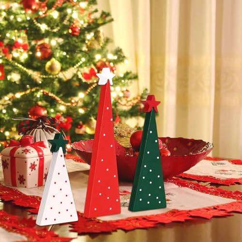 KINYFY 3-Pc Wooden Christmas Trees – Mini Tiered Tabletop Decor, Double-Sided Centerpieces (Xmas Tree) Set