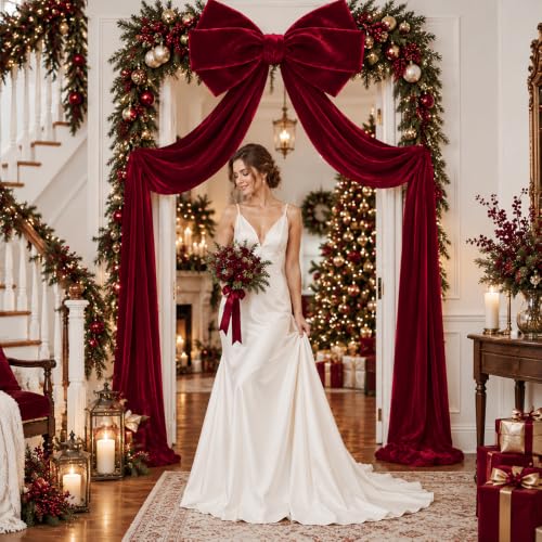 DULEFUN 28x79 in Burgundy Velvet Christmas Tree Topper Bow - 79in Burgundy-1