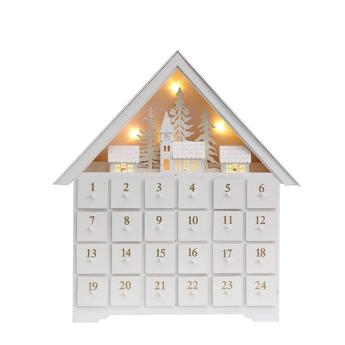 PIONEER-EFFORT Christmas Wooden Advent Calendar House with 24 Drawers, Countdown to Christmas for Kids, LED Home Decoration, L16.25 x H17.9 x T2.87 inches, Battery Operated