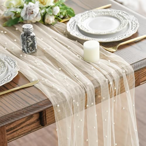 Pearl Beige Gauze Table Runner 120 Inch - Sheer Wedding & Party Decor