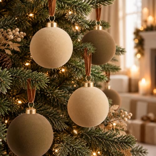 Velvet Christmas Ornaments Set - 16 Pcs, 3.15 Inch, Brown & Khaki