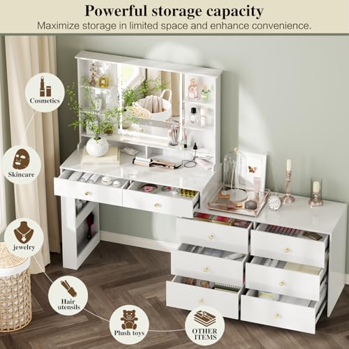Makeup Vanity Desk with Lighted Mirror, 8 Drawers and Power Outlet, White