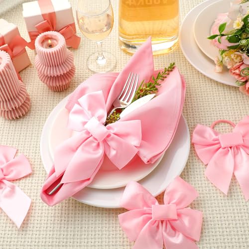 Pink Velvet Napkin Rings Set of 25 - Bow Design, 5.5 x 4.7 in, Wedding Table Decor