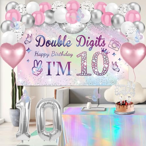 Juesly 10th Birthday Decorations for Girls - Iridescent Silver 49pcs | Variation 10XC