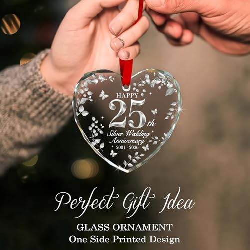25th Wedding Anniversary Crystal Heart Ornament Silver Milestone Keepsake