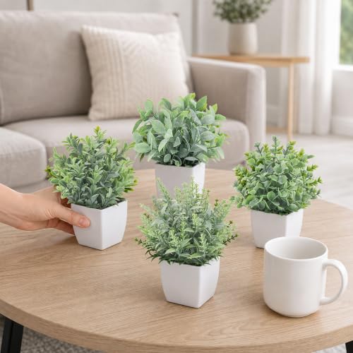 Set of 4 Mini Artificial Potted Plants - 7" Fake Eucalyptus for Desk & Shelf
