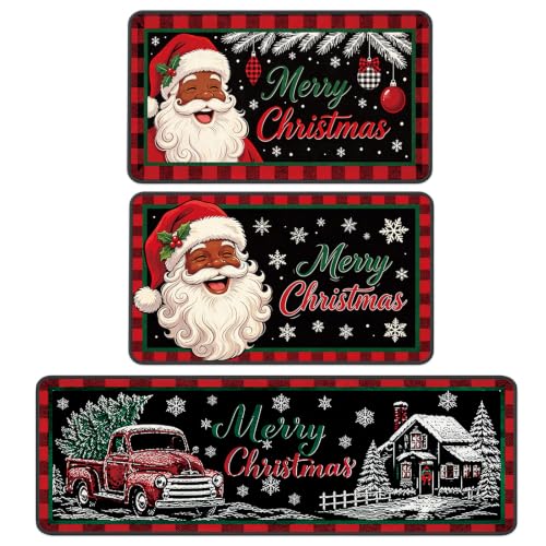 Christmas Kitchen Rugs and Mats Set - African American Santa Variation, 3-Piece Holiday Floor Mat Collection