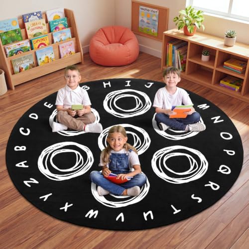 6.5ft Round Classroom Rug, Black and White Educational Alphabet Seating Carpet