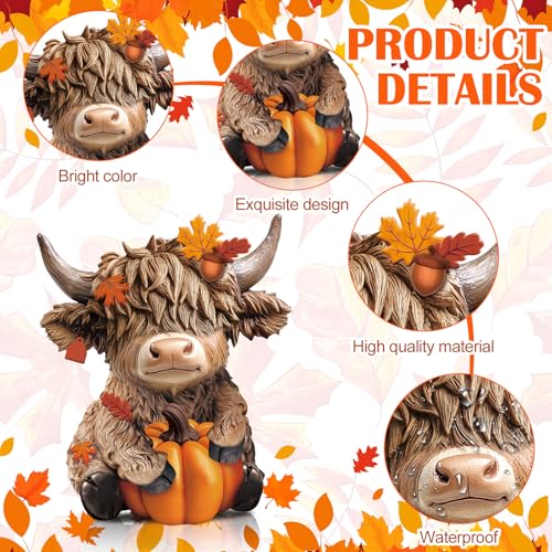 2 Pcs Highland Cow Figurines, Rustic Resin Autumn Tabletop Decor