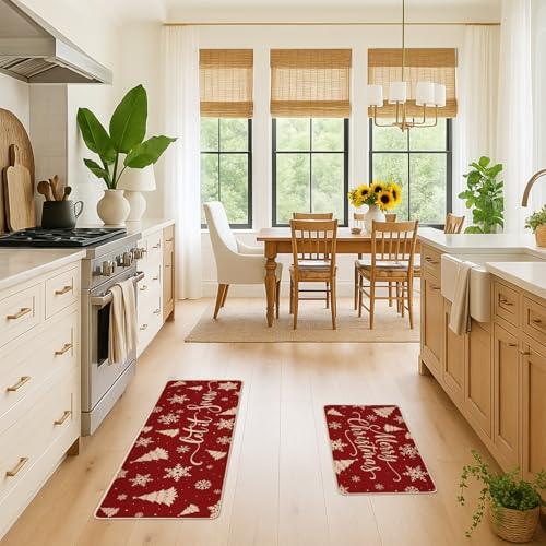 Siilues Red Christmas Kitchen Mat Set of 2 Non-Slip Snowflake & Tree Rugs 17x29 & 17x47 Inches