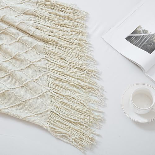 Beige Boho Knitted Throw Blanket 50x60 Inch Soft Acrylic Couch Blanket