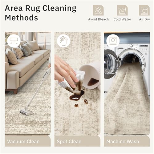 Washable 8x10 Area Rug - Soft Vintage Non-Slip Carpet for Living Room