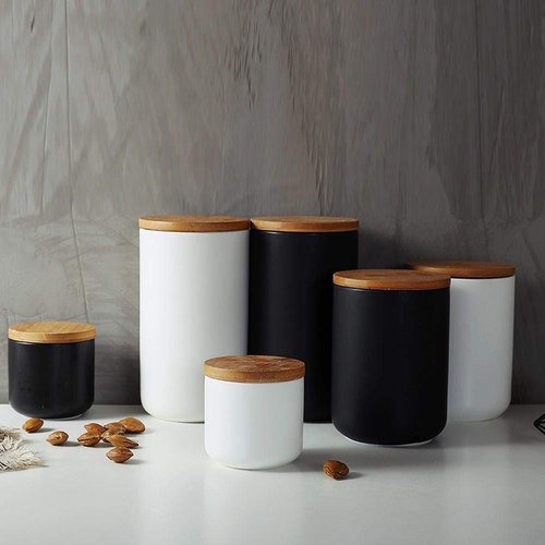 Ceramic Food Storage Jar Canister Modern Design Food Canisters with Airtight Seal Bamboo Lid, Loose Tea Coffee Spice Nuts Snacks Storage Jar Canister (White 7.03oz/200ml)