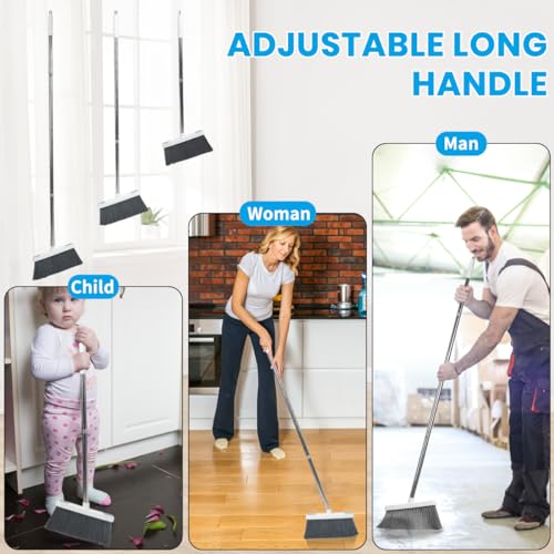 Stand Up Dustpan and Broom Set - 50" Ergonomic Long Handle Broom with Comb