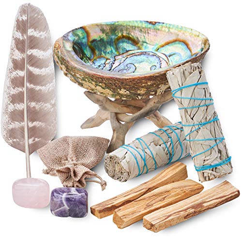 White Sage and Palo Santo Smudging Kit with Abalone Shell and Stand