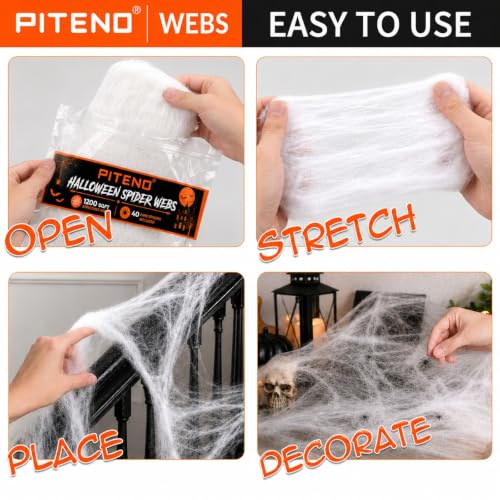 Piteno Stretchable Halloween Spider Webs with 40 Fake Spiders - 1200 Sq Ft White Cobwebs for Indoor and Outdoor Yard Decor