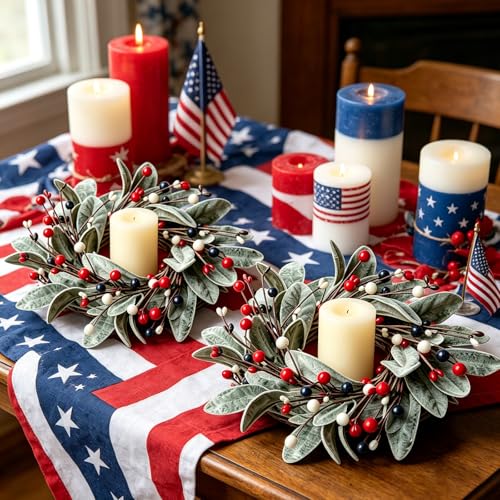 Patriotic 4th of July Candle Ring Wreaths for Pillar Candles, Set of 4