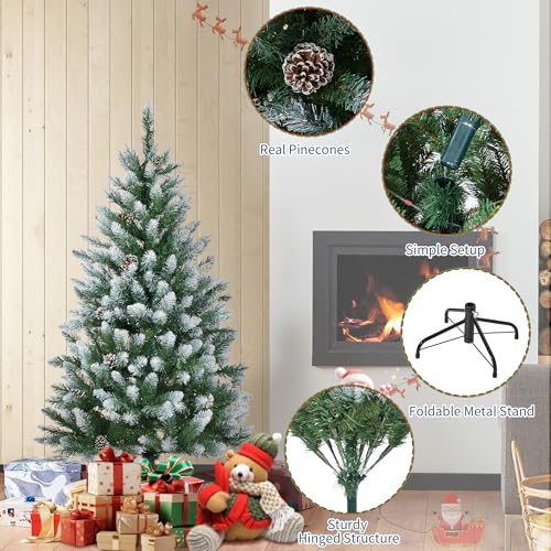 GarveeHome 4.5ft Pre-Lit Christmas Tree with Pine Cones, 150 LEDs, 352 Tips - Green (4ft 6in) Hinged Stand