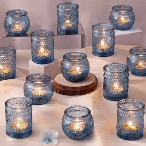 24-Piece Blue Votive Candle Holders Set - Glass Tea Light Holders