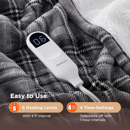 Heated Throw Blanket, Plaid Flannel Sherpa Electric Blanket 50"x60"