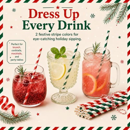 NINU 100 Pack Christmas Paper Straws - Red & Dark Green Striped (Variation: Christmas-C)