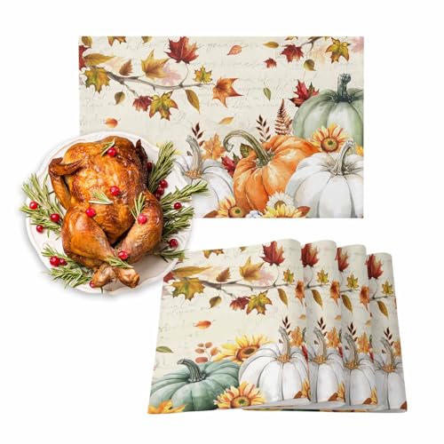 HELLOWINK Set of 6 Fall Pumpkin Placemats - Orange & Green Autumn Table Mats