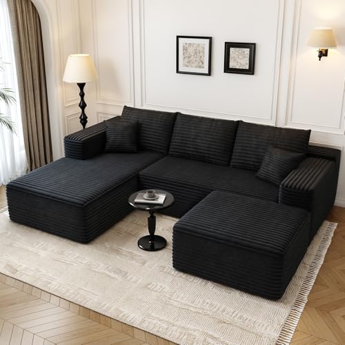 107.5" U-Shaped Modular Sectional Sofa with Ottoman, Plush Corduroy Fabric