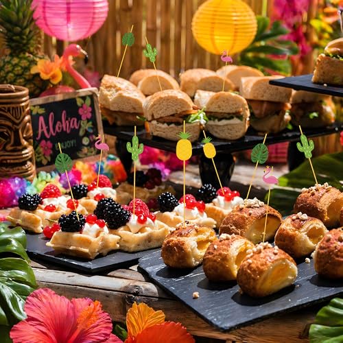 OHOME Luau Party Decorations - 48 Tropical Cocktail Picks with Flamingo, Pineapple & Cactus Designs