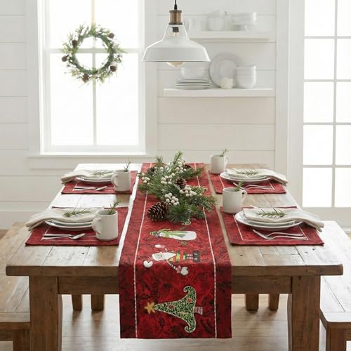 Tache Here Comes Santa Claus 13 x 90” Vintage Christmas Table Runner - Red Tapestry