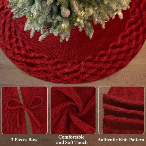 TOCHGREEN Red Knitted Christmas Tree Skirt 36 Inches - Diamond Cable Knit