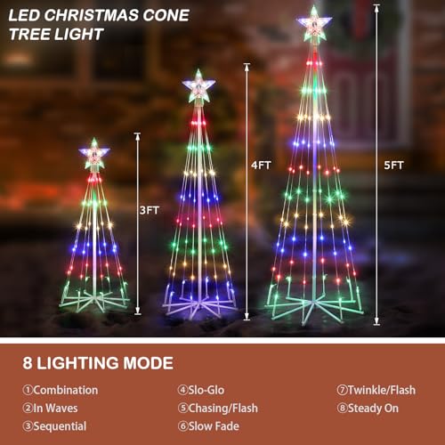 PINPON 3 Pack 3FT 4FT 5FT Outdoor Multicolor Cone Christmas Tree Lights with 8 Modes