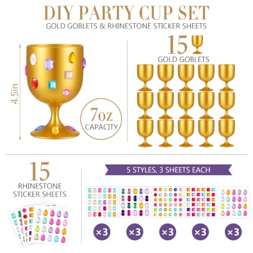 15 Pcs Medieval Gold Goblets with Gem Stickers - DIY Plastic Chalice Set