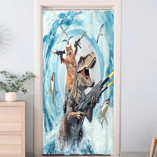 Funny Cat Shower Curtain Set with Dinosaur Ocean Theme - Waterproof Kids Bathroom Decor