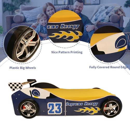 Twin Race Car Bed Frame for Kids with LED Headlights and Guardrails